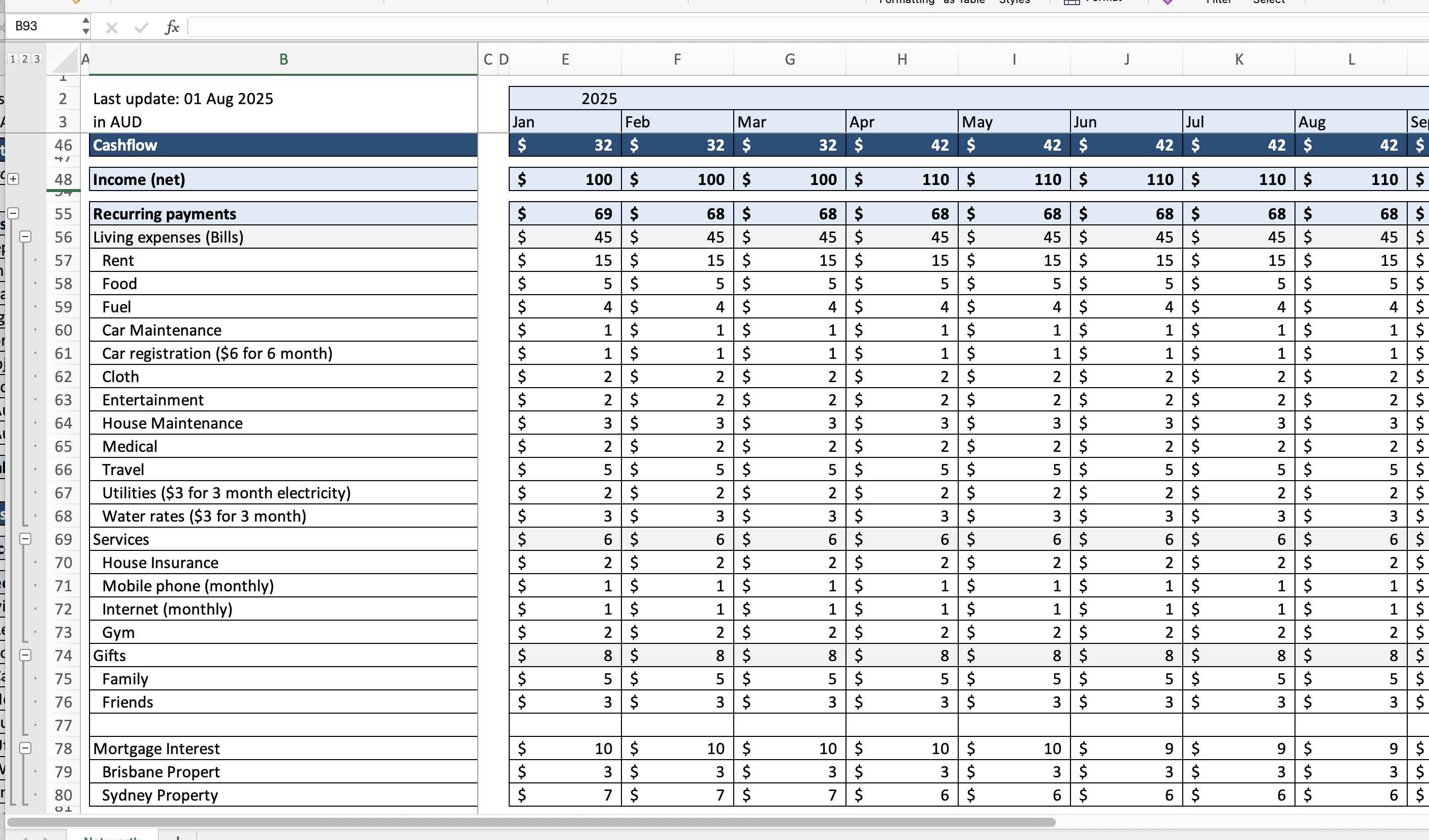 Excel template showing expanded Assets section with categories: Deposits, Stocks/ETFs, Real Estate, Crypto, Commodities